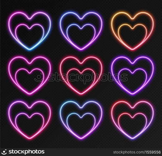 Neon gradient frames set, collection of colorful glowing hearts isolated on a dark background. Vivid night banners, bright illuminated borders. Vector light effect.. Neon gradient frames set, collection of colorful glowing hearts. Vivid night banners, bright illuminated borders