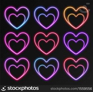 Neon gradient frames set, collection of colorful glowing hearts isolated on a dark background. Vivid night banners, bright illuminated borders. Vector light effect.. Neon gradient frames set, collection of colorful glowing hearts. Vivid night banners, bright illuminated borders