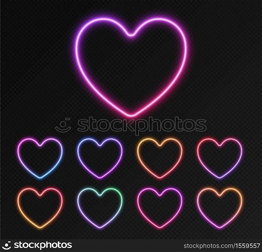 Neon gradient frames set, collection of colorful glowing hearts isolated on a dark background. Vivid night banners, bright illuminated borders. Vector light effect.. Neon gradient frames set, collection of colorful glowing hearts. Vivid night banners, bright illuminated borders