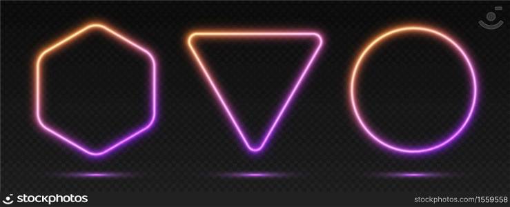 Neon gradient frames set, collection of orange-purple glowing borders isolated on a dark background. Colorful night banners, vector light effect. Circle, triangle, and hexagon, bright shapes.. Neon gradient frames set, collection of orange-purple glowing borders. Bright illuminated shapes.