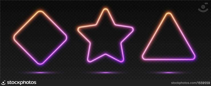 Neon gradient frames set, collection of orange-purple glowing borders isolated on a dark background. Colorful night banners, vector light effect. Triangle, star, and rhombus, bright illuminated shapes. Neon gradient frames set, collection of orange-purple glowing borders. Bright illuminated shapes.