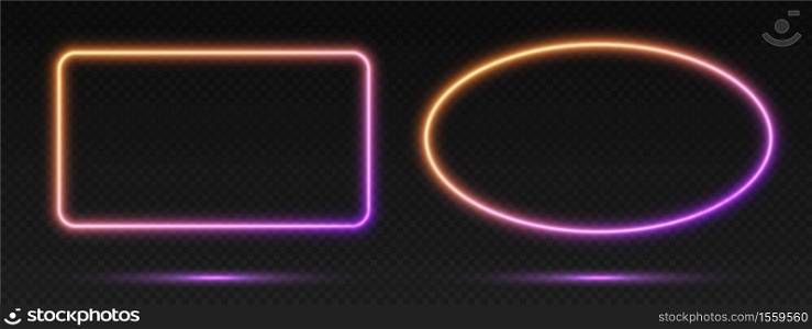 Neon gradient frames set, collection of orange-purple glowing borders isolated on a dark background. Colorful night banners, vector light effect. Ellipse and rectangle, bright illuminated shapes.. Neon gradient frames set, collection of orange-purple glowing borders. Bright illuminated shapes.