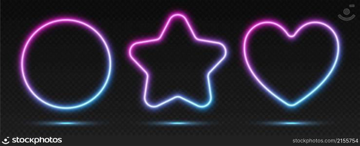 Neon gradient frames set, collection of pink-blue glowing borders isolated on a dark background. Colorful night banners, vector light effect. Circle, star, and heart, bright illuminated shapes.. Neon gradient frames set, collection of pink-blue glowing borders. Bright illuminated shapes.
