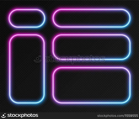 Neon gradient frames set, collection of pink-blue glowing rounded rectangle borders isolated on a dark background. Colorful night banners, bright illuminated shapes, vector light effect.. Neon gradient frames set, collection of pink-blue glowing rounded rectangle borders. Colorful illuminated banners.