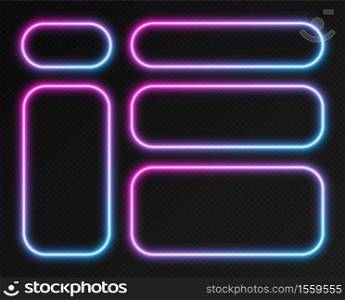 Neon gradient frames set, collection of pink-blue glowing rounded rectangle borders isolated on a dark background. Colorful night banners, bright illuminated shapes, vector light effect.. Neon gradient frames set, collection of pink-blue glowing rounded rectangle borders. Colorful illuminated banners.