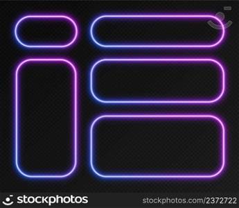 Neon gradient frames set, collection of pink-blue glowing rounded rectangle borders isolated on a dark background. Colorful night banners, bright illuminated shapes, retro style vector light effect.. Neon gradient frames set, collection of pink-blue glowing rounded rectangle borders. Colorful illuminated banners.