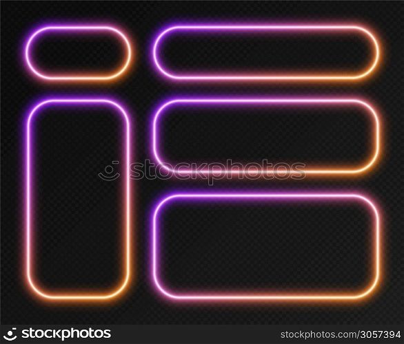 Neon gradient frames set, collection of purple-orange glowing rounded rectangle borders isolated on a dark background. Colorful night banners, bright illuminated shapes, vector light effect.. Neon gradient frames set, collection of purple-orange glowing rounded rectangle borders. Colorful illuminated banners.