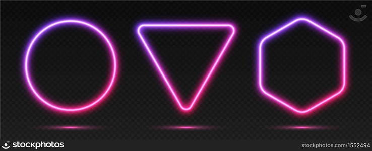 Neon gradient frames set, collection of purple-pink glowing borders isolated on a dark background. Colorful night banners, vector light effect. Circle, triangle, and hexagon, bright illuminated shapes. Neon gradient frames set, collection of purple-pink glowing borders. Bright illuminated shapes.