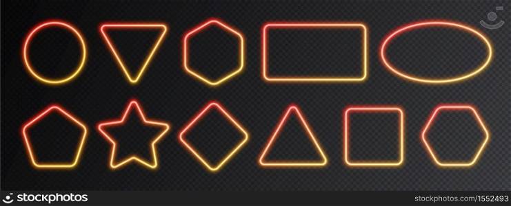 Neon gradient frames set, collection of red-yellow glowing borders isolated on a dark background. Colorful night banners, vector light effect.. Neon gradient frames set, collection of red-yellow glowing borders isolated on a dark background.