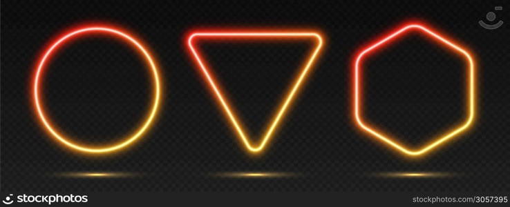 Neon gradient frames set, collection of red-yellow glowing borders isolated on a dark background. Colorful night banners, vector light effect. Circle, triangle, and hexagon, bright illuminated shapes. Neon gradient frames set, collection of red-yellow glowing borders. Bright illuminated shapes.