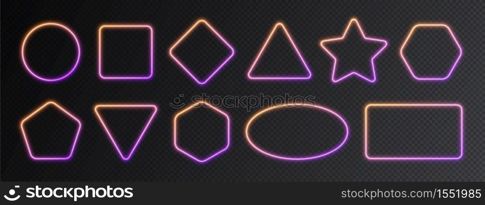 Neon gradient frames set, collection of yellow-purple glowing borders isolated on a dark background. Colorful night banners, vector light effect.. Neon gradient frames set, collection of yellow-purple glowing borders isolated on a dark background.