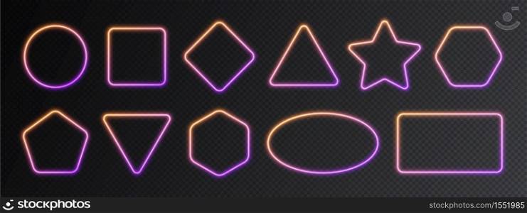 Neon gradient frames set, collection of yellow-purple glowing borders isolated on a dark background. Colorful night banners, vector light effect.. Neon gradient frames set, collection of yellow-purple glowing borders isolated on a dark background.