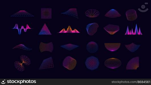 Neon grid collection. Retro cyberpunk glitch elements, abstract futuristic geometric shapes for virtual reality game design. Vector set of pattern grid graphic illustration. Neon grid collection. Retro cyberpunk glitch elements, abstract futuristic geometric shapes for virtual reality game design. Vector set