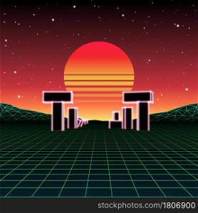 Neon grid landscape with 80s retro wave game style, ancient stone ruins with neon lights and sun for party posters