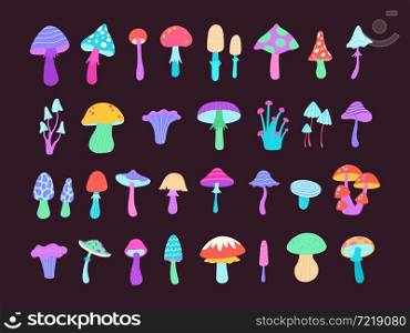Neon groovy psychedelic poison mushrooms, toadstool and amanita. Cartoon trippy bright mushroom. Flat surreal magic hippie fungus vector set. Mysterious poisonous objects, hallucination concept. Neon groovy psychedelic poison mushrooms, toadstool and amanita. Cartoon trippy bright mushroom. Flat surreal magic hippie fungus vector set