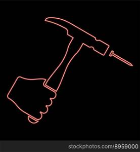 Neon hammer hits nail in hand claw holding Fixing and repairing working tools red color vector illustration image flat style light. Neon hammer hits nail in hand claw holding Fixing and repairing working tools red color vector illustration image flat style