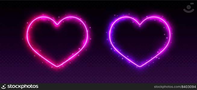 Neon heart frames with smoke and sparkles, gradient LED borders with fog and glowing particles. Magic aura of love concept. Galaxy Valentines Day decoration. Vector illustration.. Neon heart frames with smoke and sparkles, gradient LED borders with fog and glowing particles.