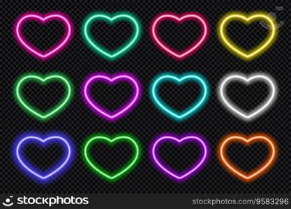 Neon heart icon set. Glowing coloful Valentine hearts shape border. Geometric shape action UI elements with copy space. Purple, blue, pink, yellow, green, red color text box. Vector illustration. Neon heart icon set. Glowing coloful Valentine hearts shape border. Geometric shape action UI elements with copy space. Purple, blue, pink, yellow, green, red color text box. Vector illustration.