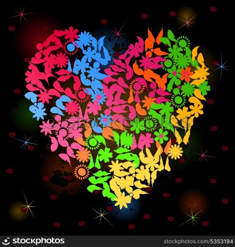 Neon heart3. Heart from flowers and butterflies on a black background. A vector illustration
