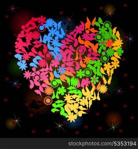 Neon heart3. Heart from flowers and butterflies on a black background. A vector illustration
