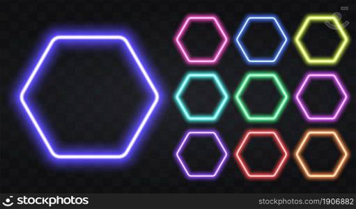 Neon hexagon Border with copy space. Templates set of Neon Frame. Geometric glow outline shape or laser glowing lines. Vector illustration.. Neon hexagon Border with copy space