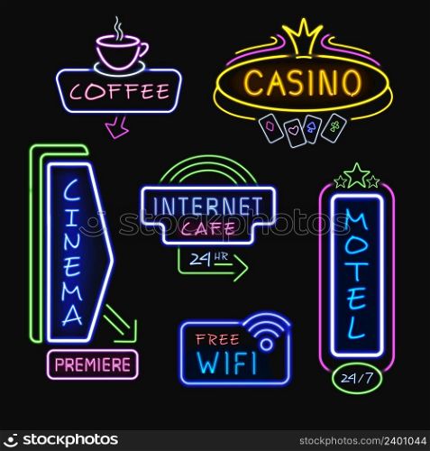 Neon hotel internet cafe cinema and casino signboards at night realistic icons collection isolated vector illustration . Neon Signboards Realistic Night Icons Collection