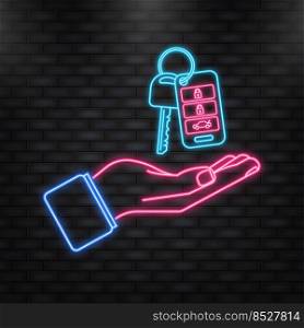Neon Icon. Auto key with hand, great design for any purposes. Blue background. White background. Vector icon. Neon Icon. Auto key with hand, great design for any purposes. Blue background. White background. Vector icon.