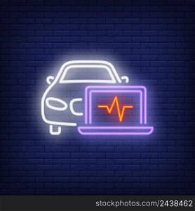 Neon icon of car diagnosis. Laptop, cardiogram, vehicle. Car repair concept. Can be used for maintenance, garage, service, support
