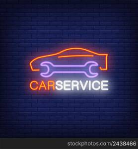 Neon icon of car service. Wrench, vehicle, lettering. Technical support concept. Can be used for maintenance, garage, repair center