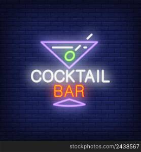 Neon icon of cocktail bar. Glass, vermouth, olive martini. Alcoholic beverage concept. Can be used for signs, billboards, banners