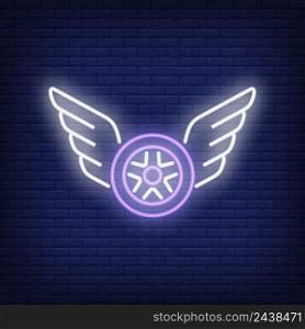 Neon icon of flying wheel. Tire shop, fitting, wings. Car service concept. Can be used for maintenance, garage, repair center