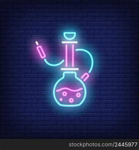 Neon icon of hookah on brick wall background. Smoking or romance concept. Bright neon sign element can be used for lounge, club and cafe advertising