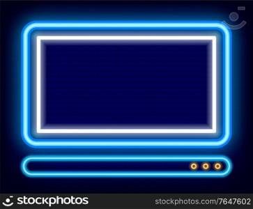 Neon icon of laptop with empty screen vector. Isolated personal computer on brick background. Device for work and studies. Website and online access to sites. PC sign with glowing effect illustration. Personal Computer Shining PC Neon Icon of Device