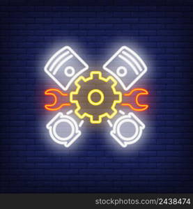 Neon icon of mechanic tools and pedals. Car details, gear, wrench. Car repair concept. Can be used for maintenance, service, garage