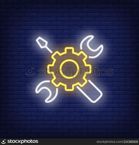 Neon icon of mechanic tools. Instrument, screwdriver, cogwheel, wrench. Blue collar concept. Can be used for maintenance, service, labor day