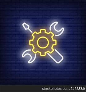 Neon icon of mechanic tools. Instrument, screwdriver, cogwheel, wrench. Blue collar concept. Can be used for maintenance, service, labor day
