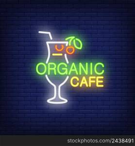 Neon icon of organic cafe. Lemonade, cocktail, glass, straw, berry. Beverage and drink concept. Can be used for signs, billboards, banners