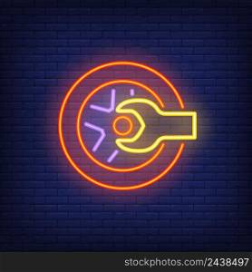 Neon icon of tire shop. Wrench, wheel, fitting station. Car service concept. Can be used for maintenance, garage, repair center