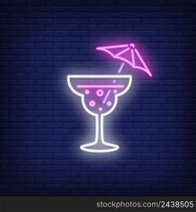Neon icon of umbrella cocktail. Glass, cold drink, alcoholic beverage. Bar and party concept. Can be used for signs, billboards, banners