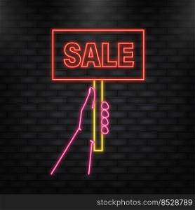 Neon Icon. Sale placard hand, great design for any purposes. Background vector illustration. Web design.. Neon Icon. Sale placard hand, great design for any purposes. Background vector illustration. Web design