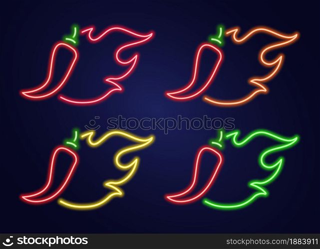 Neon icon set chilli with fire. Signboard with hot burning pepper. Spice Levels vector illustration. Night bright signs. Neon icon set chilli with fire. Signboard with hot burning pepper. Spice Levels vector illustration. Night bright signs.