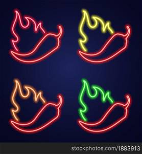 Neon icon set chilli with fire. Signboard with hot burning pepper. Spice Levels vector illustration. Night bright signs. Neon icon set chilli with fire. Signboard with hot burning pepper. Spice Levels vector illustration. Night bright signs.
