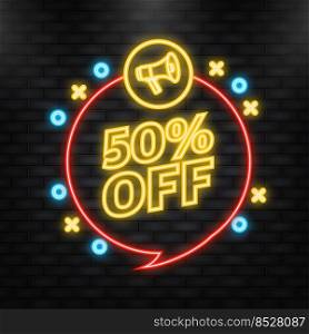 Neon Icon. Trendy flat advertising with 25 percent discount flat badge for promo design. Vector illustration. Neon Icon. Trendy flat advertising with 50 percent discount flat badge for promo design. Vector illustration.