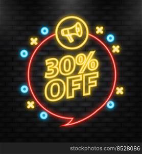 Neon Icon. Trendy flat advertising with 30 percent discount flat badge for promo design. Vector illustration. Neon Icon. Trendy flat advertising with 30 percent discount flat badge for promo design. Vector illustration.