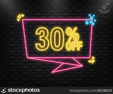 Neon Icon. Trendy flat advertising with 30 percent discount flat badge for promo design. Poster badge. Business design. Vector illustration.. Neon Icon. Trendy flat advertising with 30 percent discount flat badge for promo design. Poster badge. Business design. Vector illustration