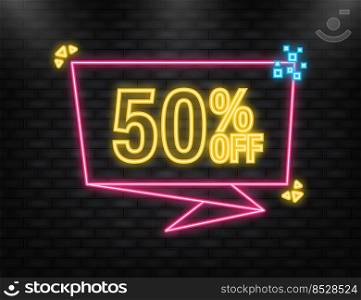 Neon Icon. Trendy flat advertising with 50 percent discount flat badge for promo design. Poster badge. Business design. Vector illustration.. Neon Icon. Trendy flat advertising with 50 percent discount flat badge for promo design. Poster badge. Business design. Vector illustration