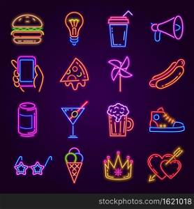 Neon icons. Glowing light for disco party. Night club or bar signs. Burger, pizza, cocktail, hand with phone and fashion glasses vector set. Shining accessories as light bulb, sneaker, megaphone. Neon icons. Glowing light for disco party. Night club or bar signs. Burger, pizza, cocktail, hand with phone and fashion glasses vector set