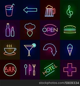 Neon icons set with cocktail bars hotels and fast food restaurants isolated vector illustration. Neon Icons Set