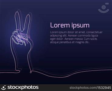 Neon illustration of gesture of hand from continuous line. The gesture of peace with place for text. Vector element for presentation, banner and your creativity. Neon illustration of gesture of hand from continuous line.