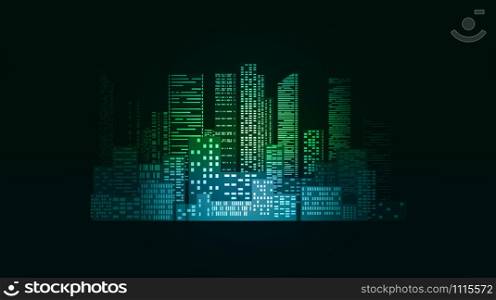 Neon illustration with city buildings and skyscrapers for infographics, design and your creativity